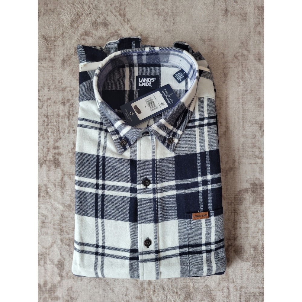 Lands' End - NWT - Navy White Plaid Flannel Button Up Shirt - Men's L - Outdoors - Picture 2 of 4